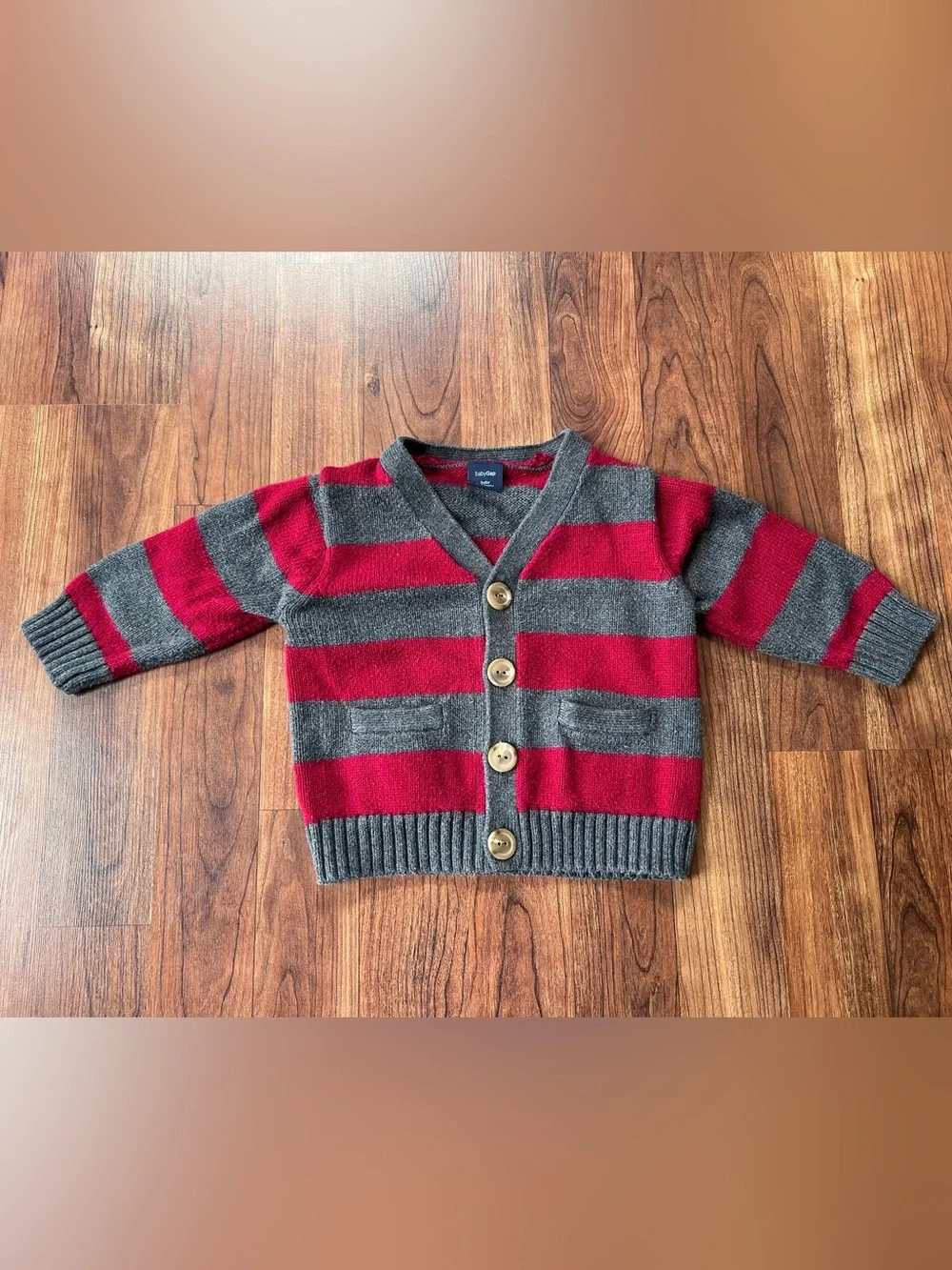 BabyGap 2009 Striped Elbow Patch Button-Up Cardigan Red & Gray